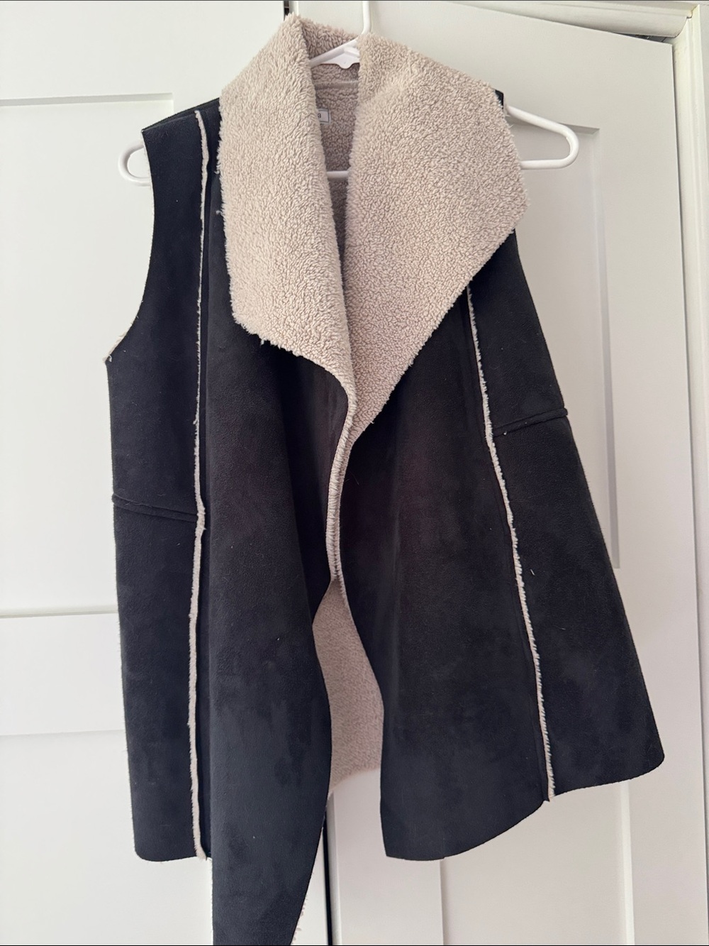 Susina Black Faux Suede Vest with Cream Shearling Lining